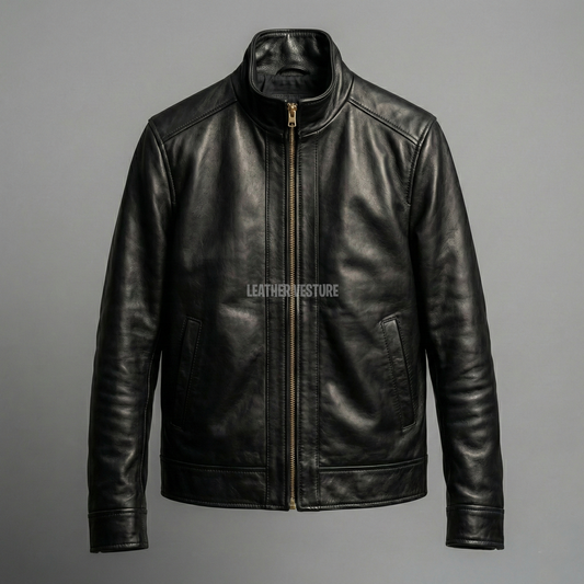 Men's Genuine Black Leather Bomber Jacket - Classic Slim Fit
