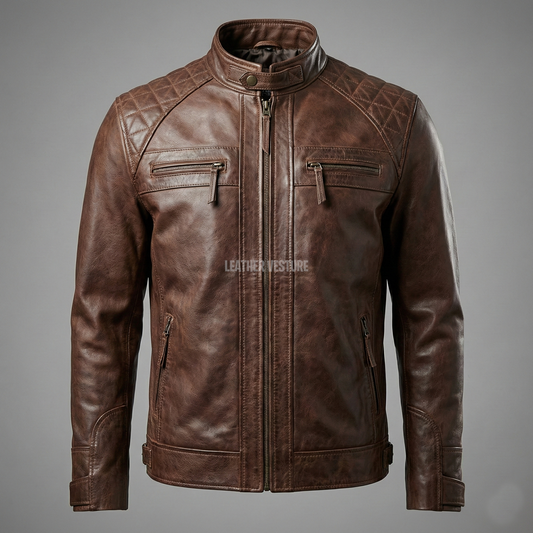 The Vintage Diamond-Stitch Brown Café Racer Leather Jacket