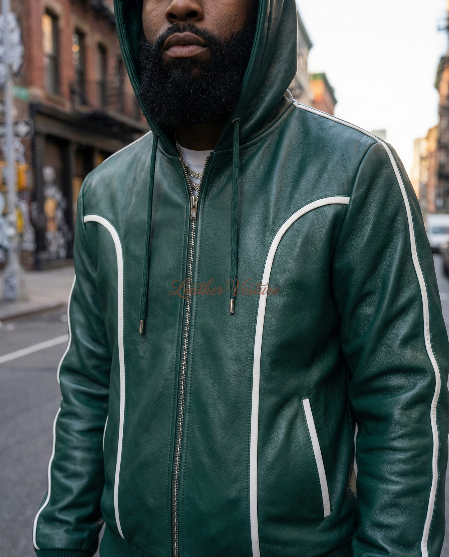 Men's Brayden Hoodie Leather Track Suit Set Green With White Stripe