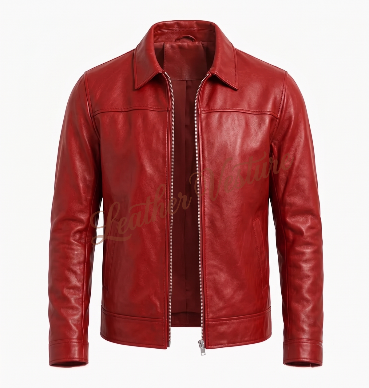 Classic Collared Zip-Front Leather Jacket