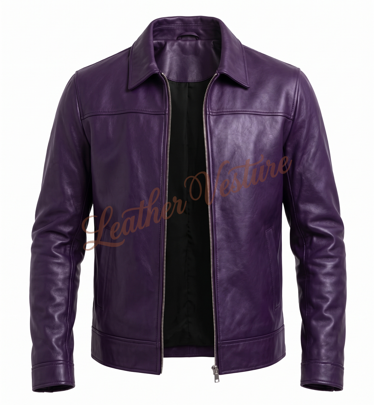 Classic Collared Zip-Front Leather Jacket