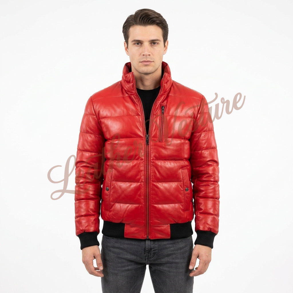 Leather Quilted Bomber with Contrast Ribbing