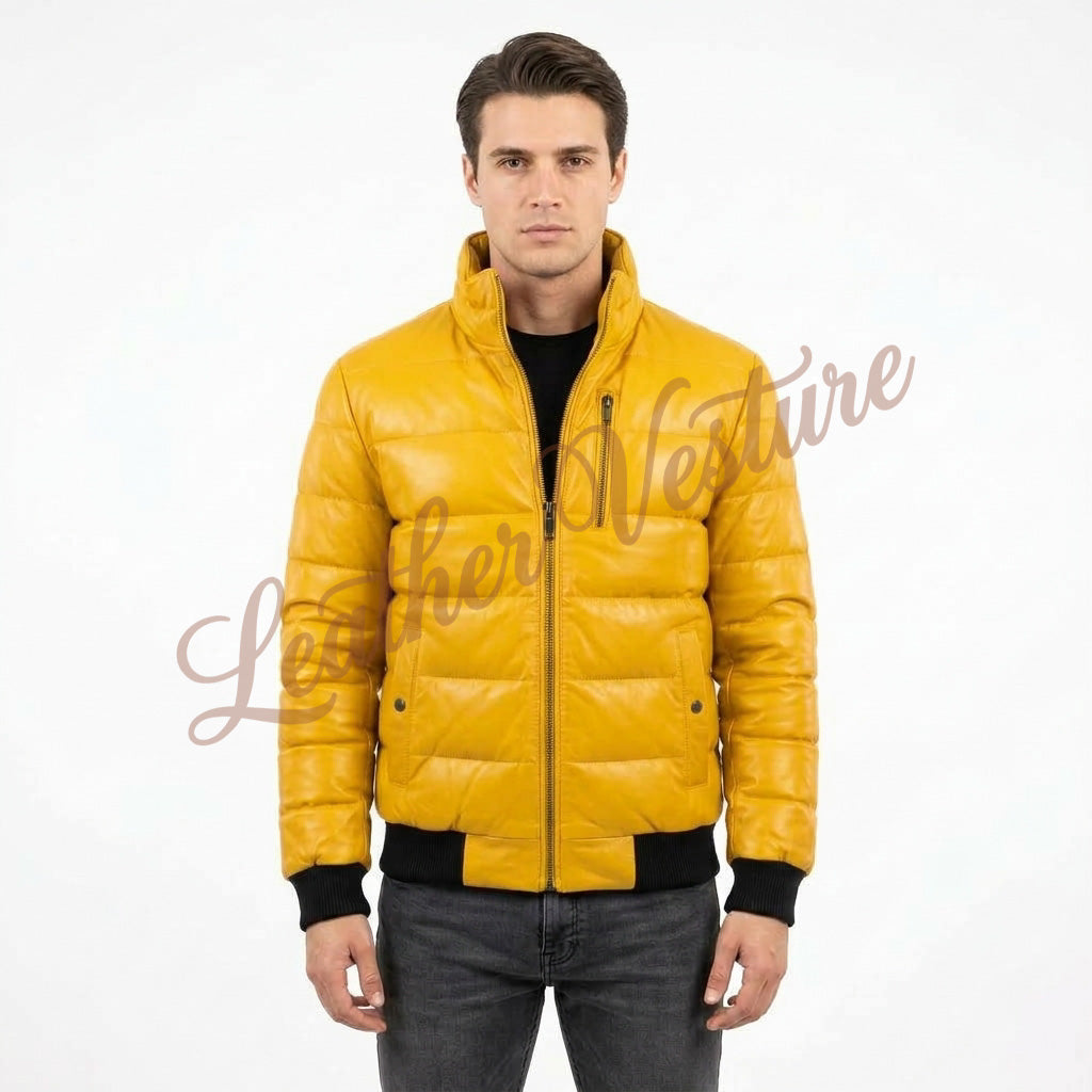 Leather Quilted Bomber with Contrast Ribbing
