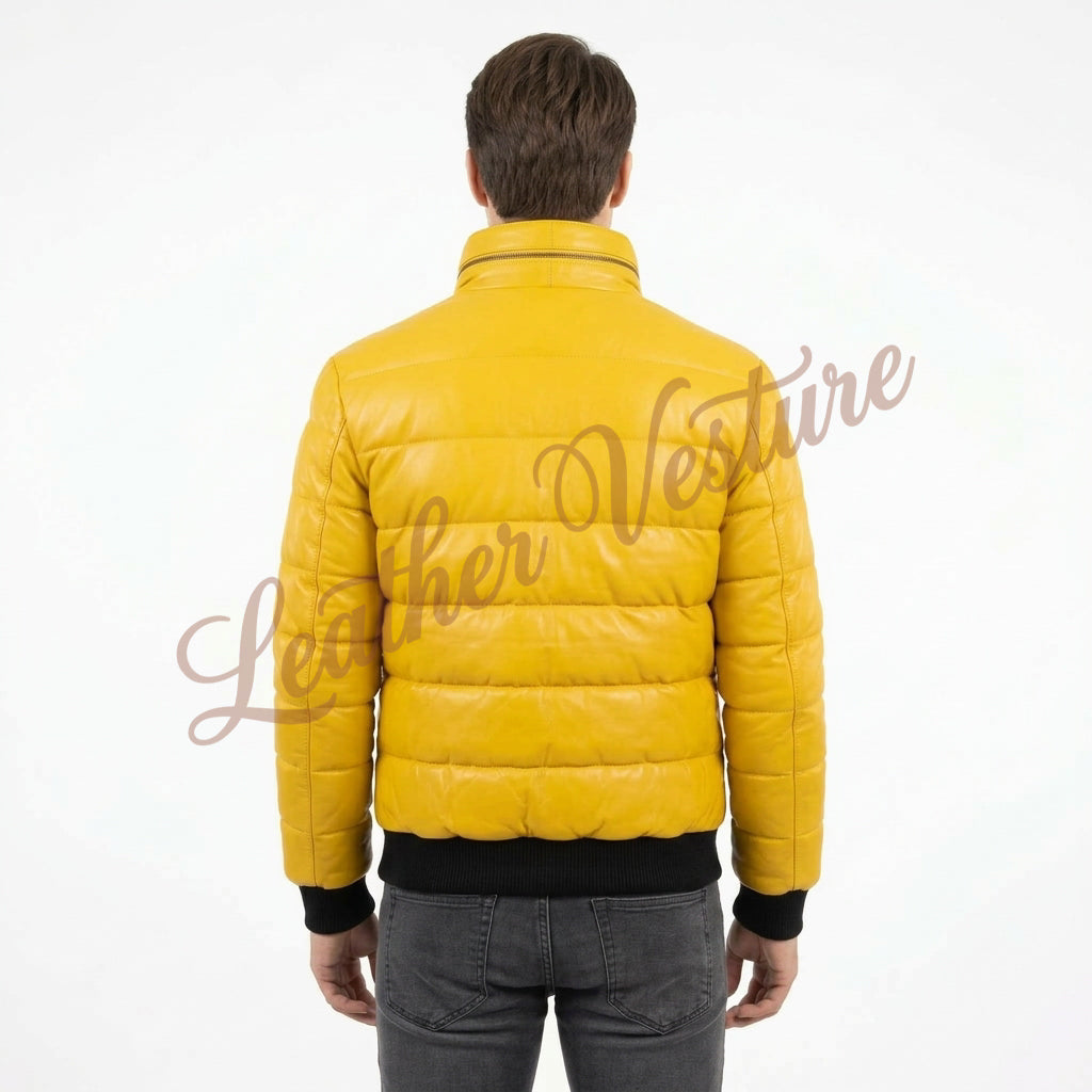 Leather Quilted Bomber with Contrast Ribbing