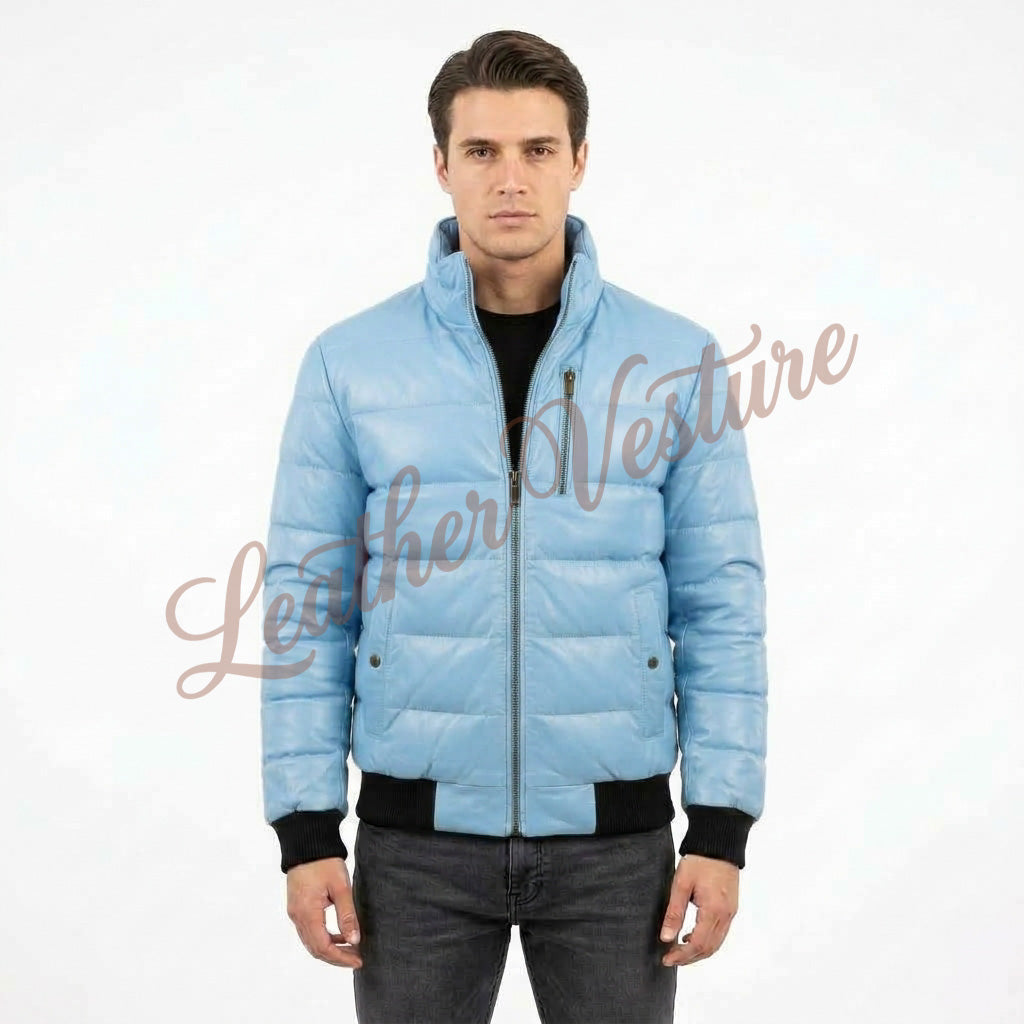 Leather Quilted Bomber with Contrast Ribbing