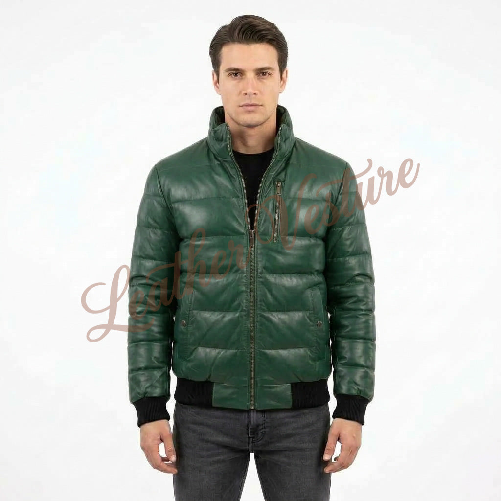 Leather Quilted Bomber with Contrast Ribbing