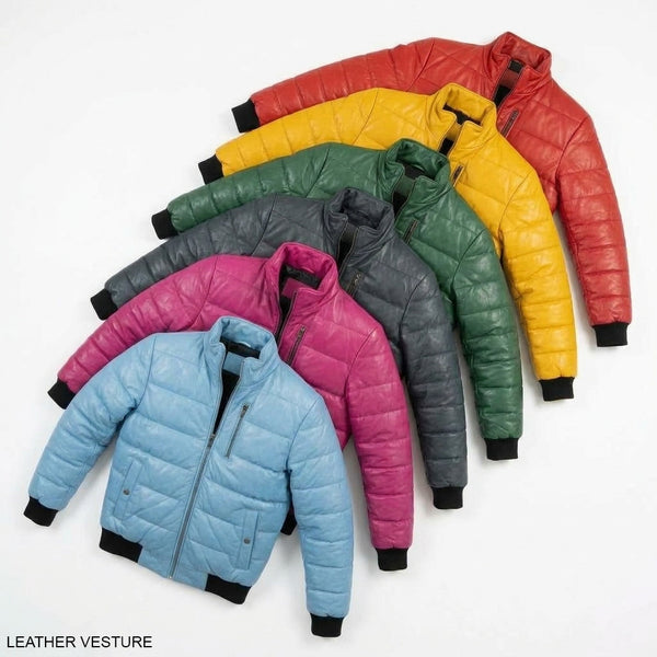 Leather Quilted Bomber with Contrast Ribbing