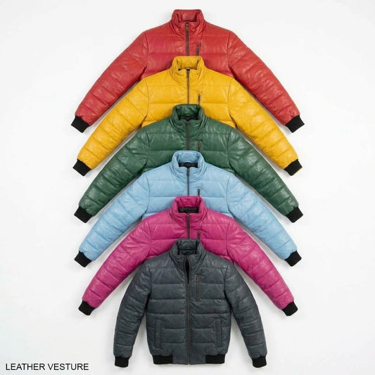 Leather Quilted Bomber with Contrast Ribbing