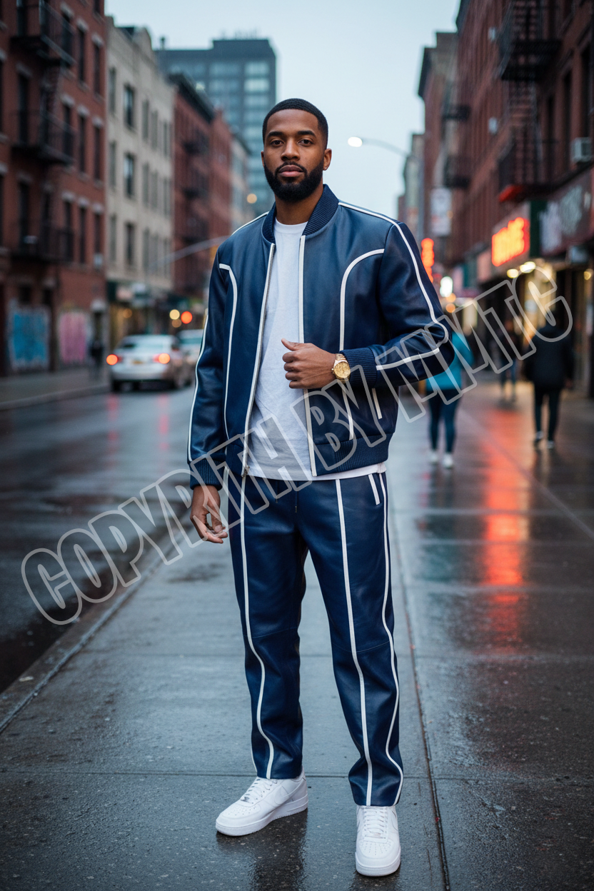 Men's Genuine Leather Tracksuit in Navy & White Brayden Men's Luxury Leather Track Suit - Navy Edition with White Detail
