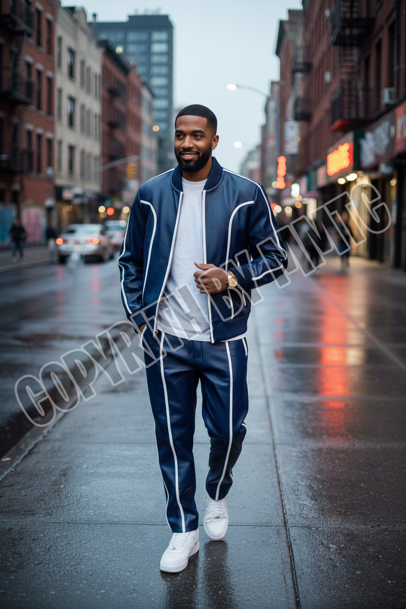 Men's Genuine Leather Tracksuit in Navy & White Brayden Men's Luxury Leather Track Suit - Navy Edition with White Detail