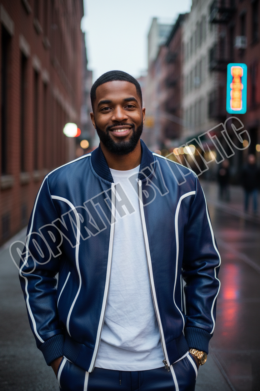 Men's Genuine Leather Tracksuit in Navy & White Brayden Men's Luxury Leather Track Suit - Navy Edition with White Detail