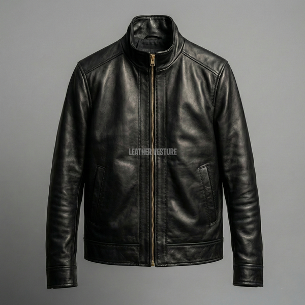 Men's Genuine Black Leather Bomber Jacket - Classic Slim Fit