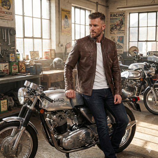 The Vintage Diamond-Stitch Brown Café Racer Leather Jacket
