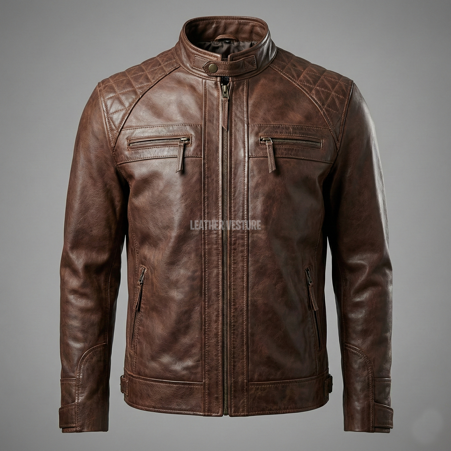 The Vintage Diamond-Stitch Brown Café Racer Leather Jacket