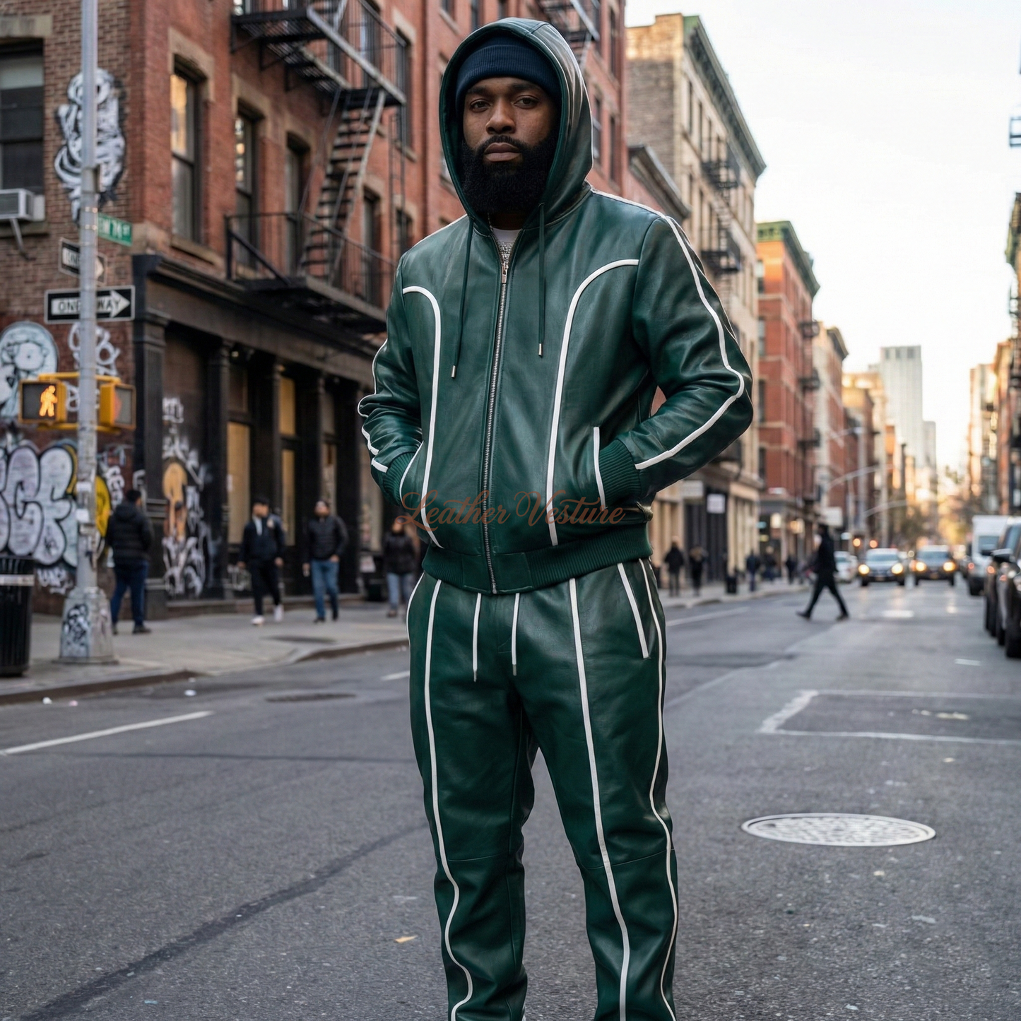 Men's Brayden Hoodie Leather Track Suit Set Green With White Stripe